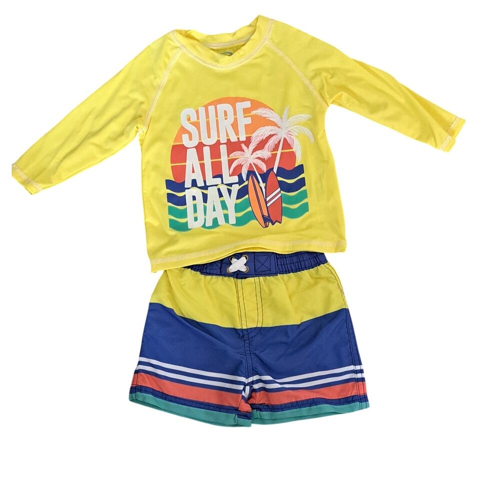Boy's Yellow Blue Surf All Day Two Piece Rash Guard Swim Set 12 Months NWOT